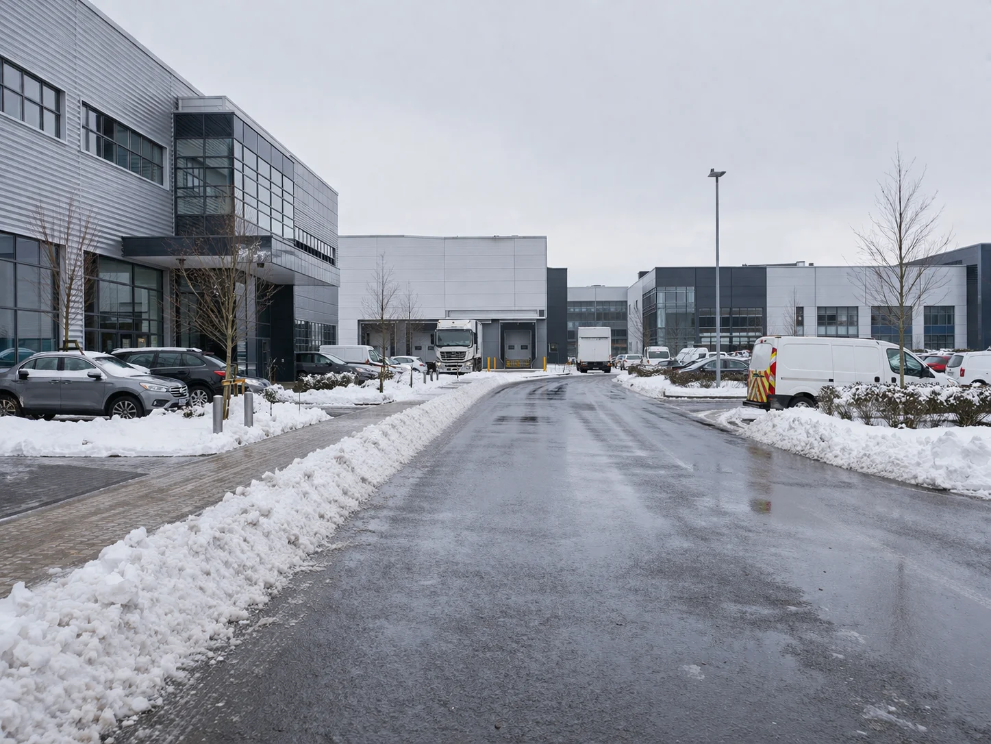 Расчищенная дорога на территории делового или складского комплекса зимой.